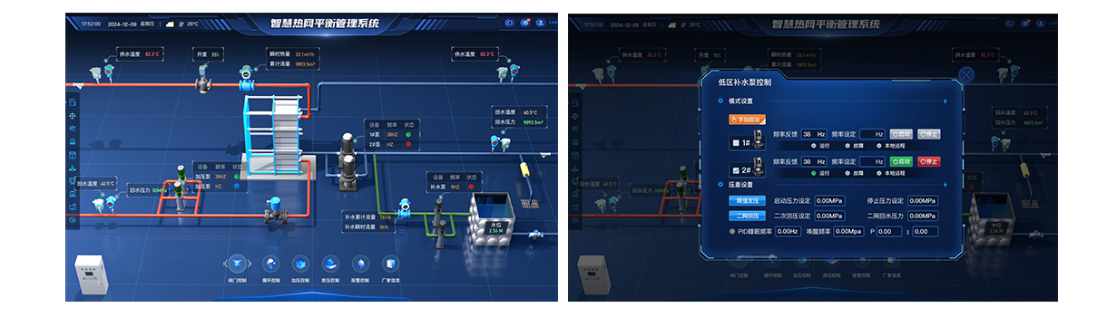 北京创易时代科技有限公司 智慧热网平衡管理系统
系统概览
提供实时监控供热网络的运行状态，包括供水温度、回水温度、瞬时流量等数据。
显示设备的状态（如阀门、泵）及相关参数。
智慧供热负荷预测：
根据天气情况和历史数据进行负荷预测，以优化供热效果。
展示了当日和未来七天的流量和热量变化趋势。
室温数据分析：
统计不同温度范围内的用户占比，帮助评估供热服务质量。
数据对比与调整：
对比今日与昨日的数据，分析供水温度、回水温度、压力及流量的变化，以便及时调整运行策略。
