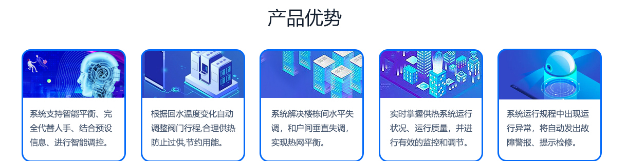 产品优势
系统支持智能平衡、全代替人手、结合预设信息、进行智能调控。
根据回水温度变化自动调整阀门行程，合理供热防止过供，节约用能。
系统解决楼栋间水平失调，和户间垂直失调，实现热网平衡。
实时掌握供热系统运行状况、运行质量，并进行有效的监控和调节。
系统运行规程中出现运行异常，将自动发出故障警报、提示检修。