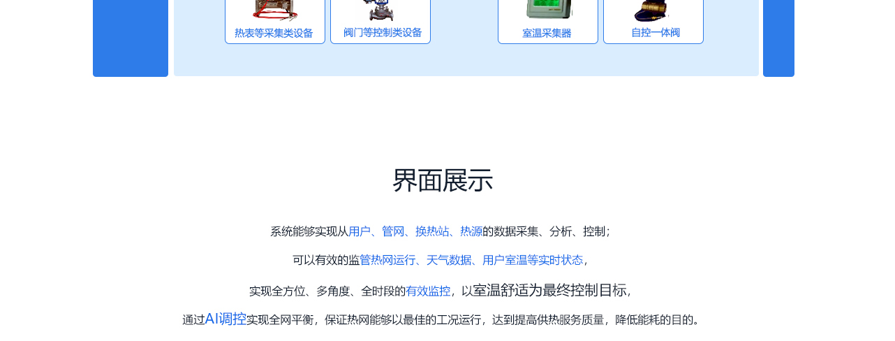 北京创易时代科技有限公司智慧热网系统能哆实现从用户、管网、换热站、热源的数据采集、分析、控制。可以有效的监管热网运行、天气数据、用户室温等实时状态，实现全方位，多角度、全时段的有效监控，以室温舒适为最终控制目标，通过AI调控实现全网平衡，保证热网能够以最佳的工况运行，达到提高供热服务质量，降低能耗的目的。