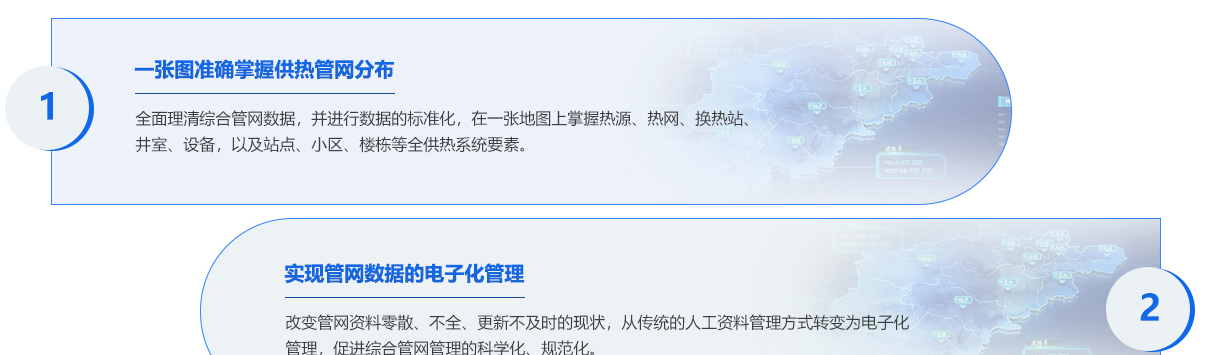 该系统通过五项核心功能，全面提升供热管网的管理与运营效率。首先，一张图准确掌握供热管网分布，全面理清综合管网数据并进行标准化处理，在一张地图上清晰展示热源、热网、换热站、井室、设备以及站点、小区、楼栋等全供热系统要素，为管理者提供直观的数据概览。

其次，实现管网数据的电子化管理，改变传统人工资料管理方式零散、不全、更新不及时的问题，促进综合管网管理的科学化和规范化。第三，提高运营业务效率，借助准确的电子地图数据、专业的地图分析功能及移动应用辅助，提升设备巡检、维修养护、工程施工等方面的工作效率。

第四，提高事故响应速度，利用系统爆管分析功能，快速、准确地定位故障点，迅速查询周围管网、设备信息和连通性，加快公司对爆管等运行事故的处理速度，减少损失和影响。最后，提高综合运营分析决策能力，通过GIS数据与各类业务数据的整合，实现运营管理信息的充分归集和共享，打破信息孤岛，增强跨业务的综合运营分析决策能力，助力企业实现精细化管理。